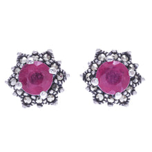Load image into Gallery viewer, Artisan Crafted Ruby and Marcasite Stud Earrings - Firefly in Pink | NOVICA
