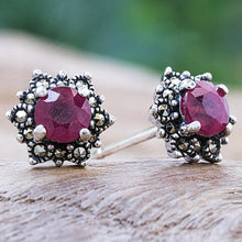 Load image into Gallery viewer, Artisan Crafted Ruby and Marcasite Stud Earrings - Firefly in Pink | NOVICA