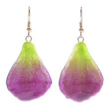 Load image into Gallery viewer, Gold-Plated Orchid Petal Dangle Earrings - Summer Treat in Berry | NOVICA