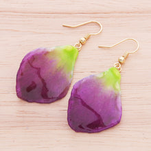 Load image into Gallery viewer, Gold-Plated Orchid Petal Dangle Earrings - Summer Treat in Berry | NOVICA
