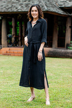 Load image into Gallery viewer, Black Belted Cotton Shirtwaist Dress from Thailand - Street Smarts in Black | NOVICA