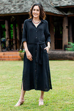 Load image into Gallery viewer, Black Belted Cotton Shirtwaist Dress from Thailand - Street Smarts in Black | NOVICA