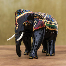 Load image into Gallery viewer, Gold-Accented Raintree Wood Elephant Sculpture - Royal Beast in Red | NOVICA