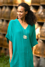 Load image into Gallery viewer, Sea Green Cotton V-Neck Long Crinkle Cotton Dress - Leisurely Sea Green | NOVICA