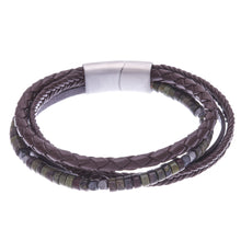 Load image into Gallery viewer, Braided Leather Hematite and Jasper Cord Bracelet - Green Coffee | NOVICA