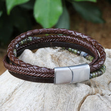 Load image into Gallery viewer, Braided Leather Hematite and Jasper Cord Bracelet - Green Coffee | NOVICA