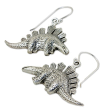Load image into Gallery viewer, Fair Trade 950 Silver Dinosaur Dangle Earrings - Dinosaur Shield | NOVICA