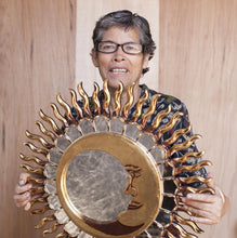 Load image into Gallery viewer, Small Round Reverse Painted Glass and Wood Mirror - Cuzco Garden | NOVICA
