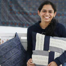Load image into Gallery viewer, Two Patchwork Shirt Motif Denim Cushion Covers from India - Denim Shirts | NOVICA

