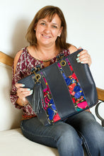 Load image into Gallery viewer, Embroidered Hummingbird Black Leather Handle Handbag - Hummingbird Garden | NOVICA
