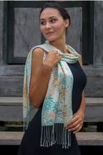 Load image into Gallery viewer, Batik Silk Patterned Scarf - Green Lotus Blossom | NOVICA
