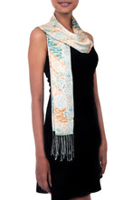 Load image into Gallery viewer, Batik Silk Patterned Scarf - Green Lotus Blossom | NOVICA
