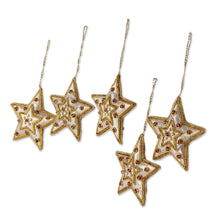 Load image into Gallery viewer, Gleaming Gold Stars Christmas Beadwork Ornaments Set of 5 - Glorious Star | NOVICA
