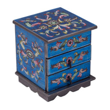 Load image into Gallery viewer, Reverse Painted Glass Jewelry Box Chest with Mirror - Celestial Blue | NOVICA
