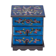 Load image into Gallery viewer, Reverse Painted Glass Jewelry Box Chest with Mirror - Celestial Blue | NOVICA
