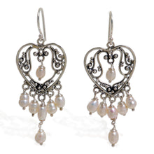 Load image into Gallery viewer, Sterling Silver Pearl Chandelier Earrings - Heart Symphony | NOVICA
