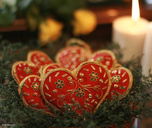 Load image into Gallery viewer, Red Heart Shaped Beaded Ornaments from India (Set of 5) - Red Velvet Heart | NOVICA
