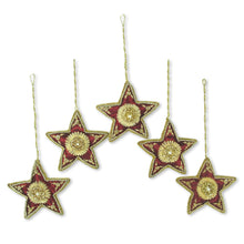 Load image into Gallery viewer, Red Star Shaped Beaded Tree Ornaments from India (Set of 5) - Scarlet Stars | NOVICA
