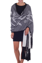 Load image into Gallery viewer, Handcrafted Alpaca White and Grey Reversible Shawl Wrap - Midnight Wheat | NOVICA
