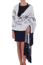 Load image into Gallery viewer, Handcrafted Alpaca White and Grey Reversible Shawl Wrap - Midnight Wheat | NOVICA
