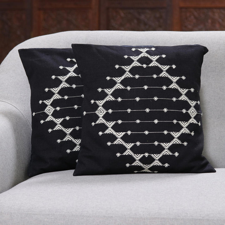 Cotton Patterned Black and White Cushion Covers (Pair) - Starlit Galaxy | NOVICA