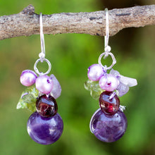 Load image into Gallery viewer, Handcrafted Amethyst and Pearl Dangle Earrings - Bright Bouquet | NOVICA
