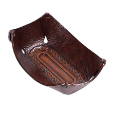 Load image into Gallery viewer, Peruvian Dark brown Hand Tooled Leather Catchall - Lasso Labyrinth | NOVICA
