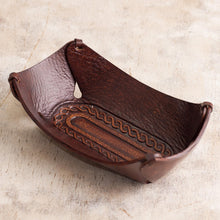 Load image into Gallery viewer, Peruvian Dark brown Hand Tooled Leather Catchall - Lasso Labyrinth | NOVICA
