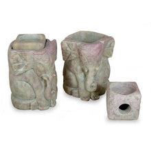 Load image into Gallery viewer, Natural Soapstone Hand Carved Candle Holders (Pair) - Baby Elephants | NOVICA
