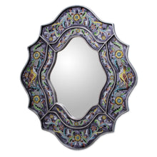 Load image into Gallery viewer, Wild Violets Reverse Painted Glass Wall Mirror - Spring Violets | NOVICA
