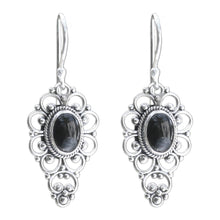 Load image into Gallery viewer, Floral Onyx Sterling Silver Dangle Earrings - Precious Night | NOVICA
