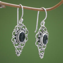 Load image into Gallery viewer, Floral Onyx Sterling Silver Dangle Earrings - Precious Night | NOVICA
