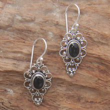 Load image into Gallery viewer, Floral Onyx Sterling Silver Dangle Earrings - Precious Night | NOVICA
