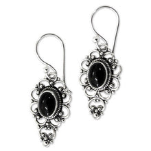 Load image into Gallery viewer, Floral Onyx Sterling Silver Dangle Earrings - Precious Night | NOVICA
