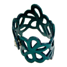 Load image into Gallery viewer, Floral Leather Wristband Bracelet - Dark Teal Petals | NOVICA
