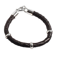 Load image into Gallery viewer, Collectible Men&#39;s Leather and Silver Wristband Bracelet - Bold Black | NOVICA
