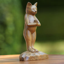 Load image into Gallery viewer, Hand Crafted Wood Sculpture - Cat Gives Thanks | NOVICA
