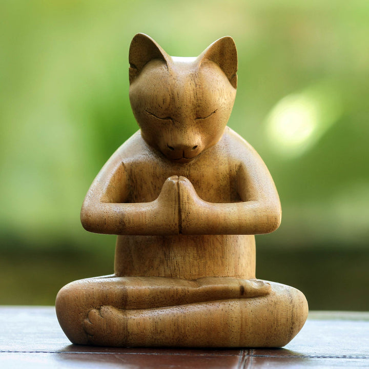 Carved Suar Wood Sculpture - Mindful Cat | NOVICA