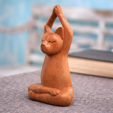 Load image into Gallery viewer, Hand Crafted Wood Sculpture from Indonesia - Toward the Sky Brown Yoga Cat | NOVICA
