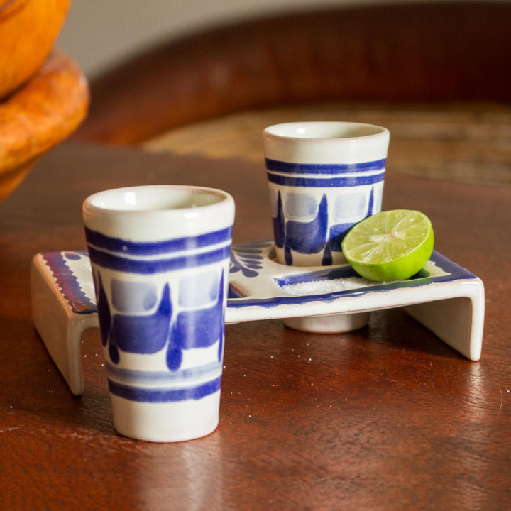 Majolica Ceramic Tequila Shot Glasses Handmade in Mexico - Blue Agave | NOVICA