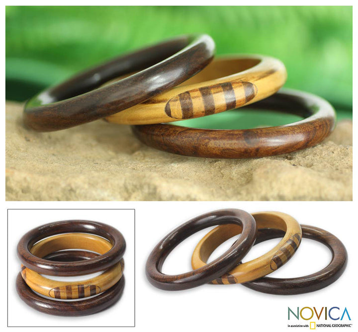 Artisan Crafted Wood Bangle Bracelets (Set of 3) - Forest Goddess | NOVICA