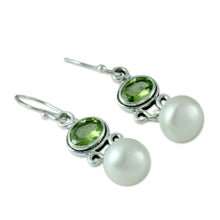 Load image into Gallery viewer, Sterling Silver Jewelry Pearl and Peridot Earrings - Verdant Light | NOVICA
