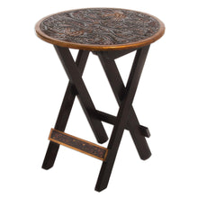 Load image into Gallery viewer, Hardwood Round Folding Table with Handtooled Leather - Andean Birds | NOVICA
