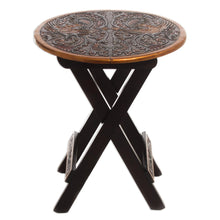 Load image into Gallery viewer, Hardwood Round Folding Table with Handtooled Leather - Andean Birds | NOVICA
