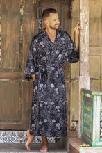 Load image into Gallery viewer, Men&#39;s Black Batik Patterned Robe - Midnight Stars | NOVICA
