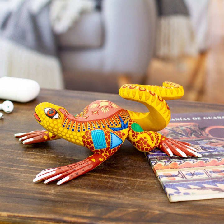 Hand Crafted Mexican Folk Art Yellow Lizard Sculpture - Rainbow Iguana | NOVICA