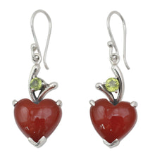 Load image into Gallery viewer, Heart Jewelry Earrings with Red Onyx and Peridot  - A Sigh of Romance | NOVICA
