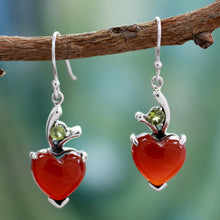 Load image into Gallery viewer, Heart Jewelry Earrings with Red Onyx and Peridot  - A Sigh of Romance | NOVICA
