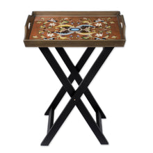 Load image into Gallery viewer, Handmade Reverse Painted Glass Wood Glass Folding Table - Scarlet Delight | NOVICA
