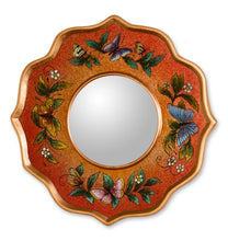 Load image into Gallery viewer, Collectible Reverse Painted Glass Butterfly Wall Mirror - Carnelian Butterfly Sky | NOVICA
